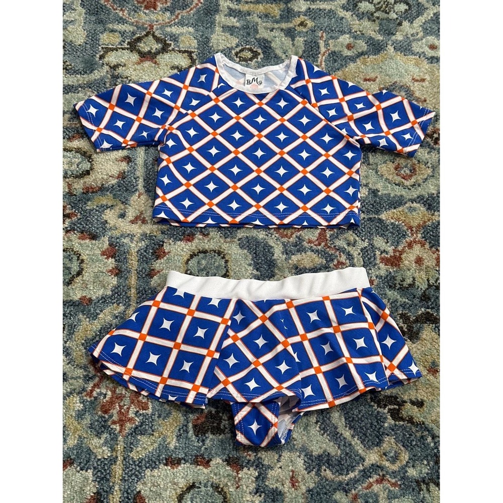 Mia Belle Swimsuit Girls 4T/5Y Blue Orange Geometric Rash Guard Skirt Set EUC